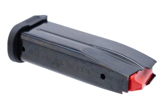 Black steel 10-round magazine for HK CC9 9mm pistol.